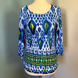 Women’s Chico’s 3/4 length sleeve top. Size zero. Blue multicolor.
